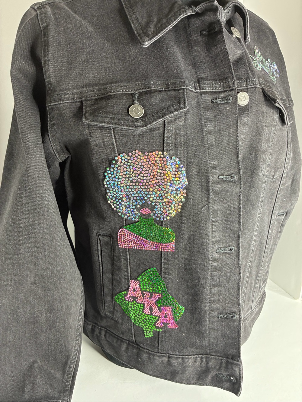 Alpha Kappa Alpha Denim Jacket with embellished patches. AKA